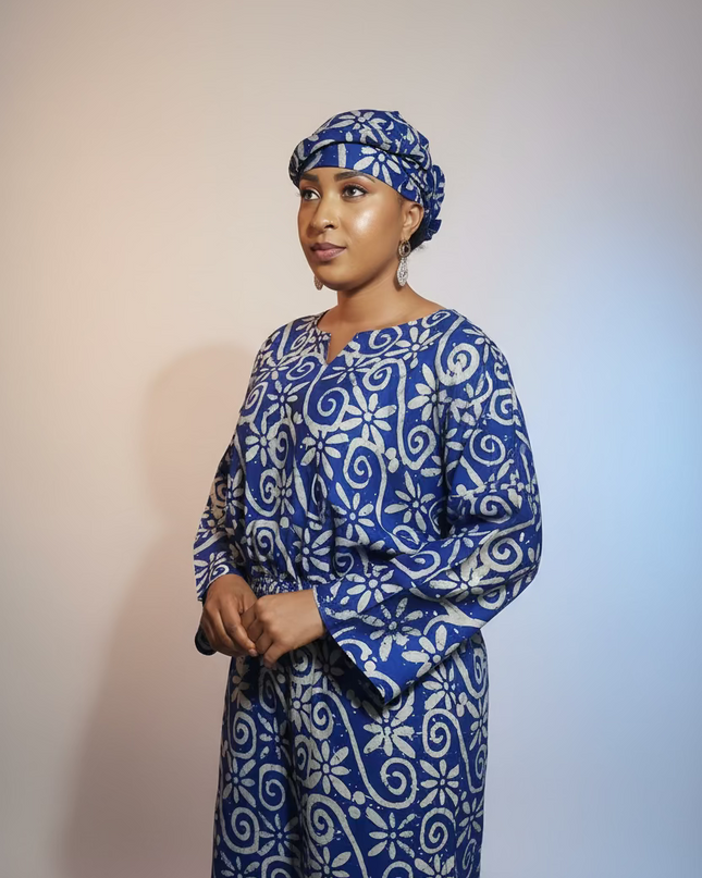 Ensemble pantalon adire folakemi - Bleu blanc