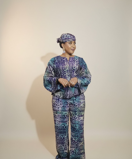 Ensemble pantalon adire bewaji - bleu violet