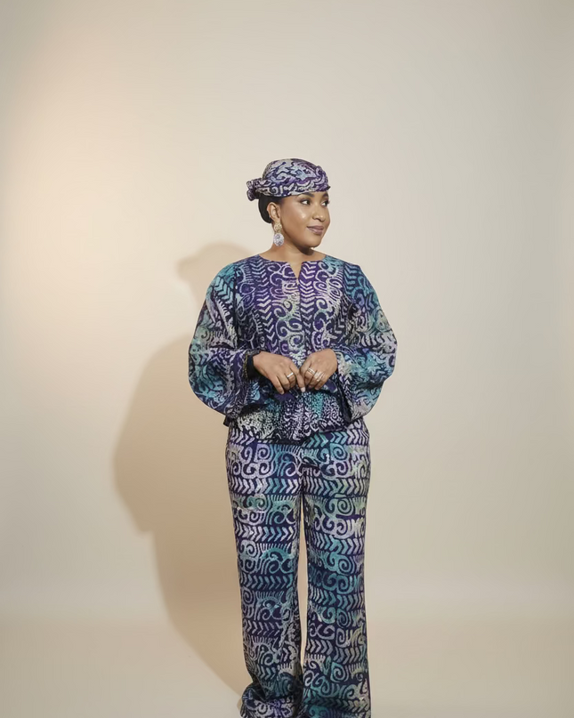 Ensemble pantalon adire bewaji - bleu violet