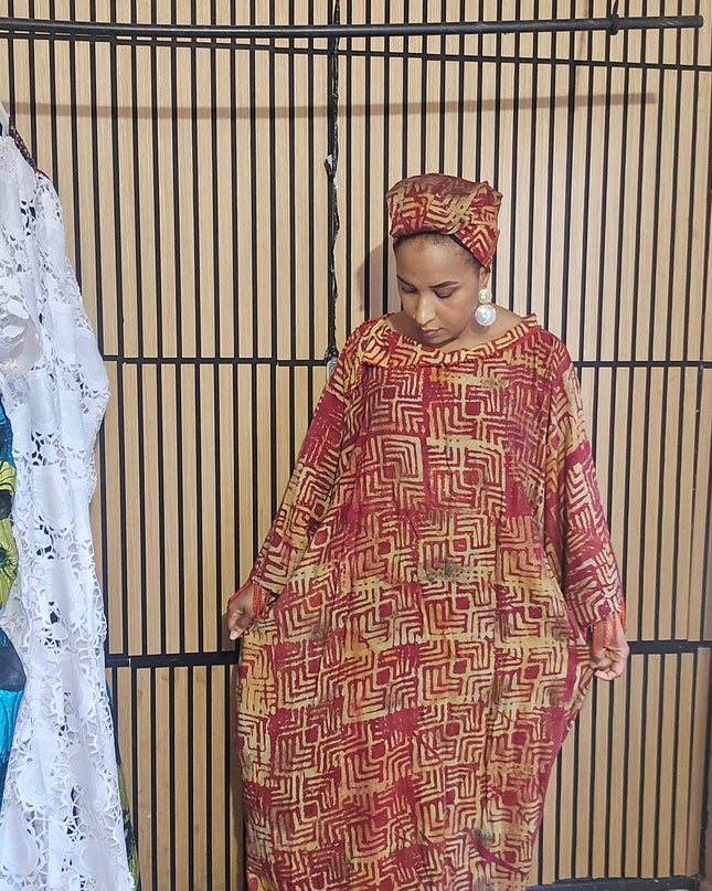 Boubou adire dempé perlé ileri - Rouge