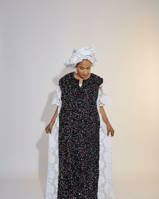 Robe africaine dentelle velours pailleté  - Blanc