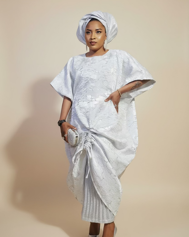 Ensemble brocart rétractable avec sous robe plissé - Blanc
