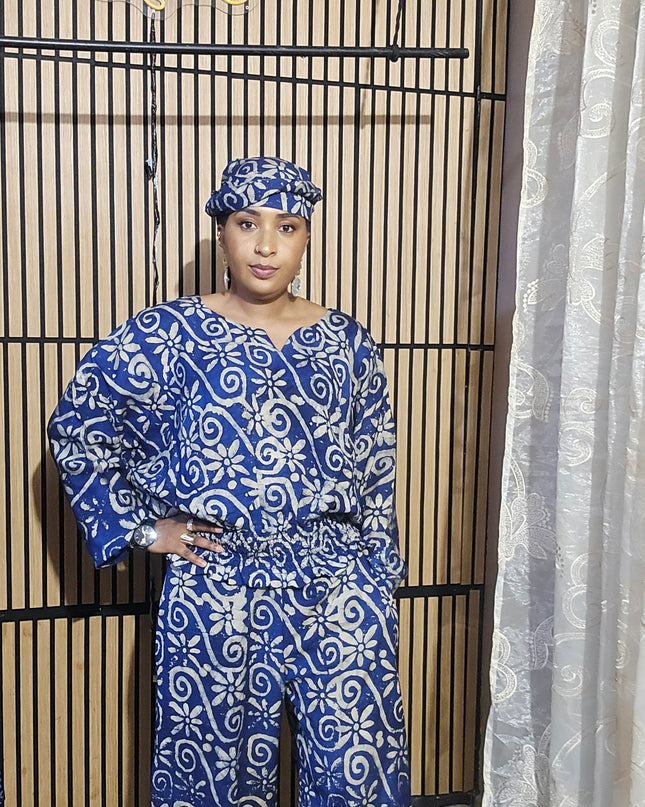 Ensemble pantalon adire folakemi - Bleu blanc