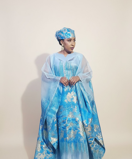 Ensemble amma brocart organza - Bleu