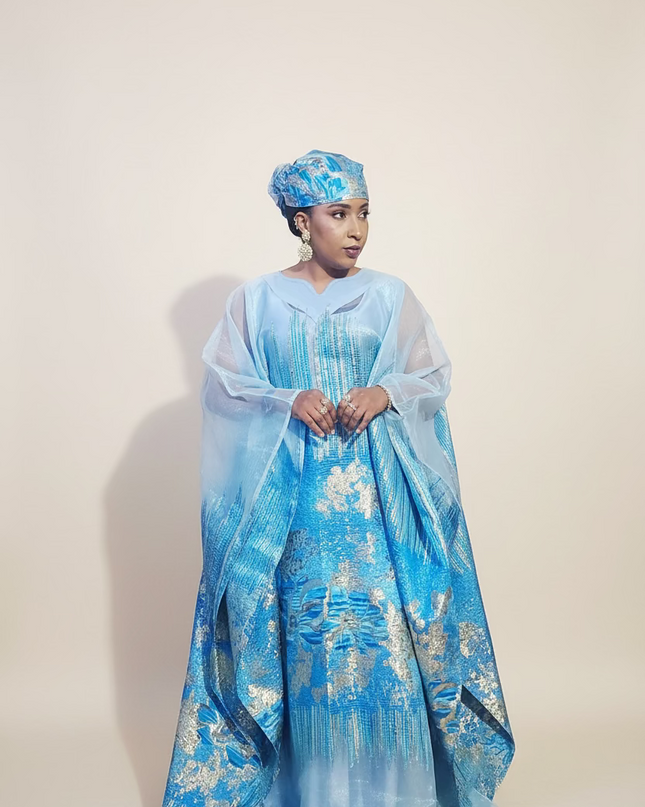 Ensemble amma brocart organza - Bleu