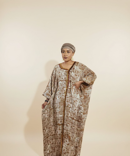 Boubou adire crêpe au bandeau - Marron