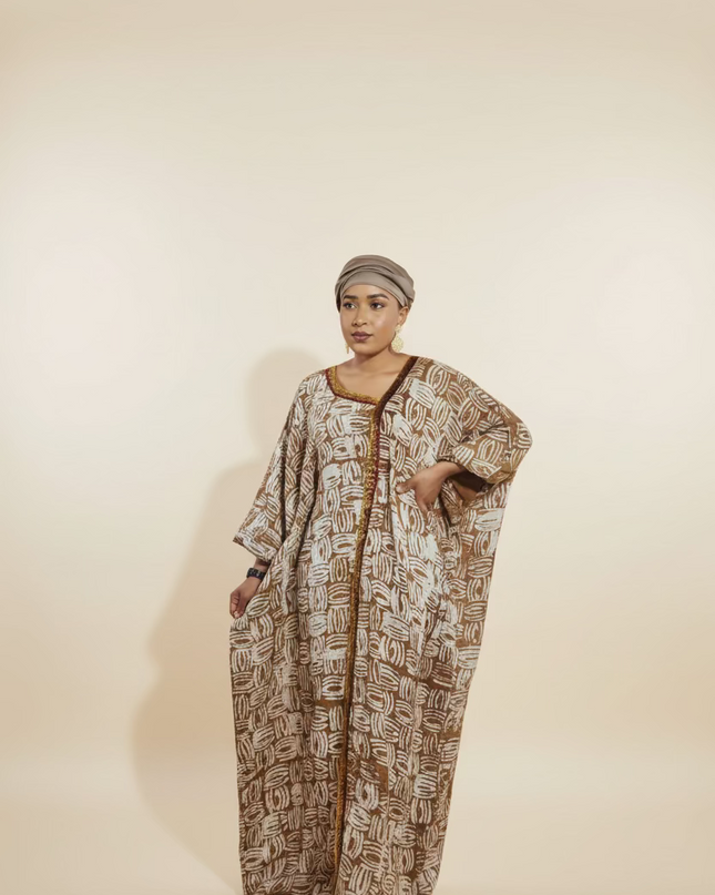 Boubou adire crêpe au bandeau - Marron