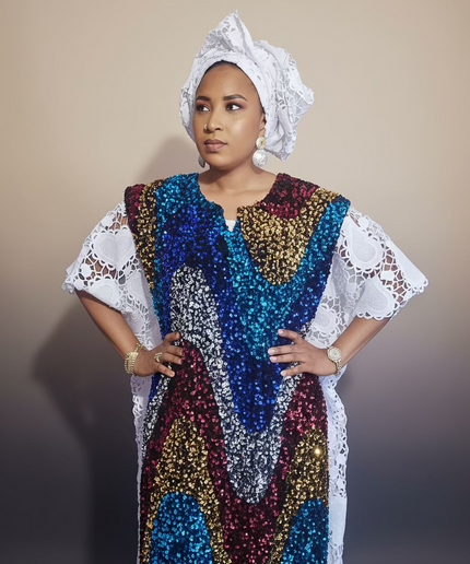 Robe africaine dentelle velours pailleté  - Blanc II
