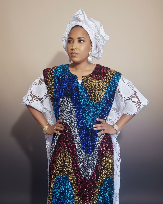 Robe africaine dentelle velours pailleté  - Blanc II