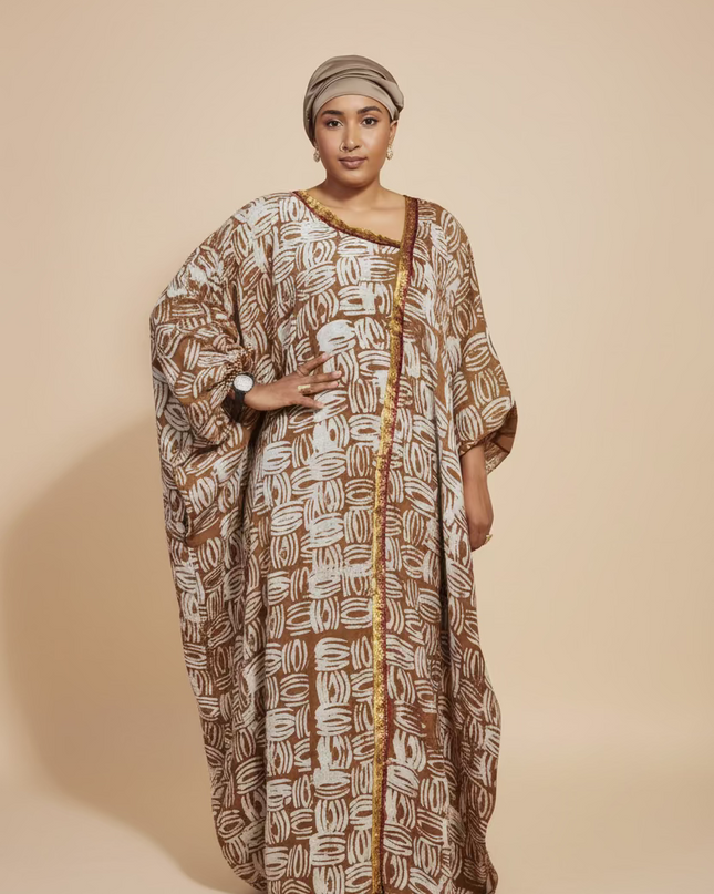 Boubou adire crêpe au bandeau - Marron