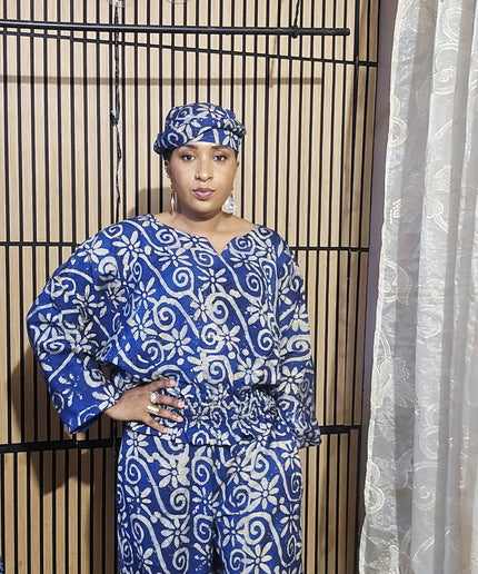 Ensemble pantalon adire folakemi - Bleu blanc