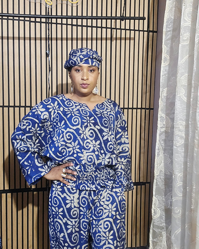 Ensemble pantalon adire folakemi - Bleu blanc