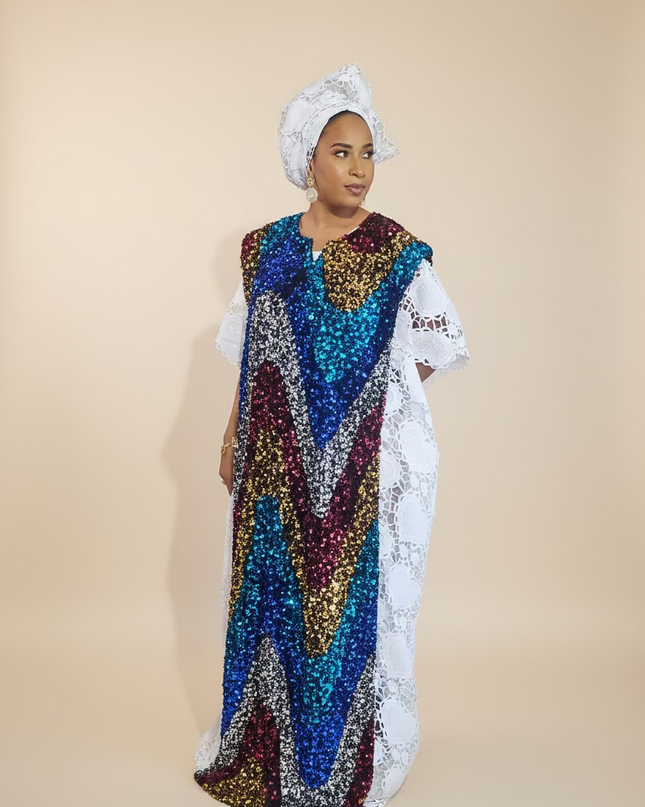 Robe africaine dentelle velours pailleté  - Blanc II