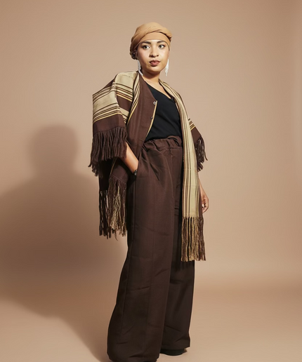 Ensemble pantalon aso oke à fringe - Marron