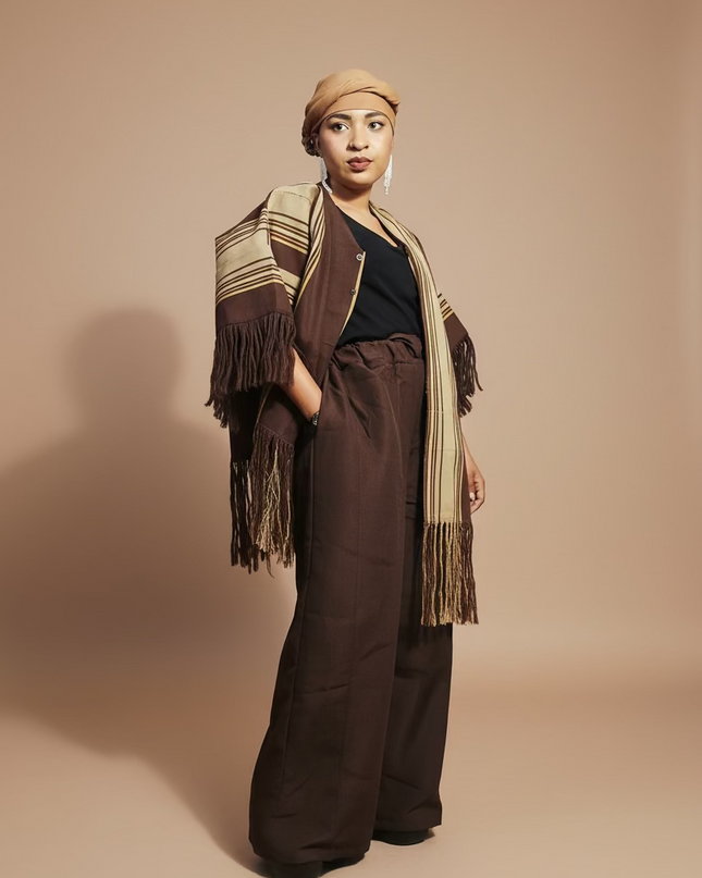 Ensemble pantalon aso oke à fringe - Marron