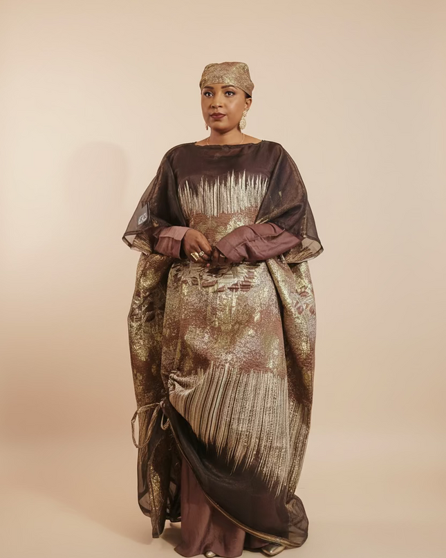 Ensemble amma brocart organza rétractable - Marron