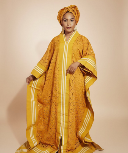 Robe morenike dentelle aso oke - Jaune moutarde