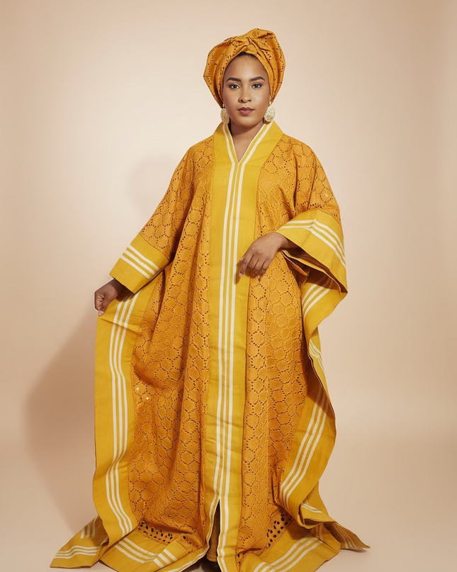 Robe morenike dentelle aso oke - Jaune moutarde