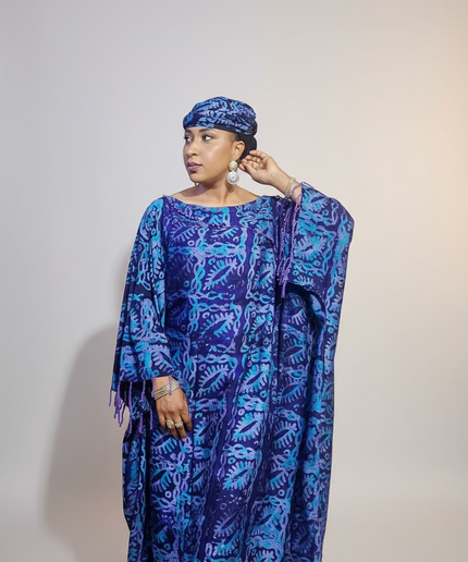 Boubou adire dempé perlé motunrayo - Bleu nuit