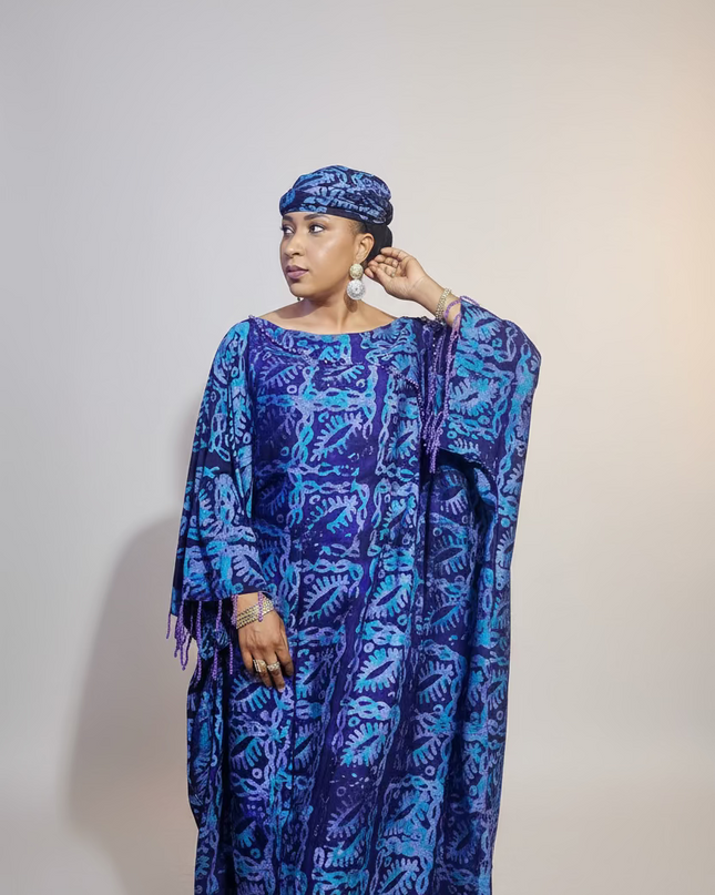 Boubou adire dempé perlé motunrayo - Bleu nuit