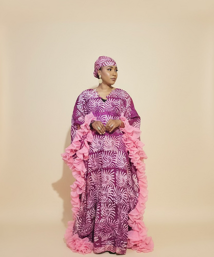 Boubou crepe adire à froufrou - Rose fuchsia