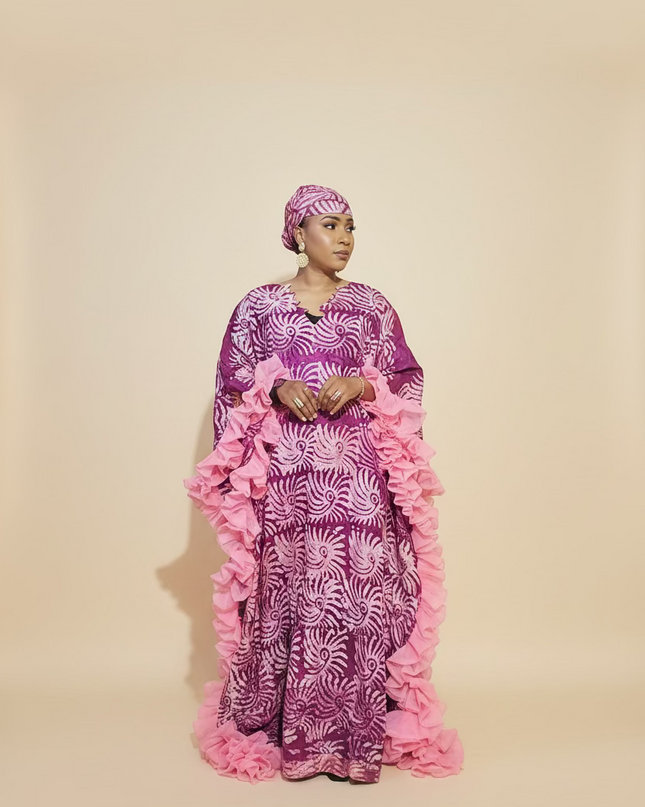 Boubou crepe adire à froufrou - Rose fuchsia