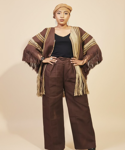 Ensemble pantalon aso oke à fringe - Marron