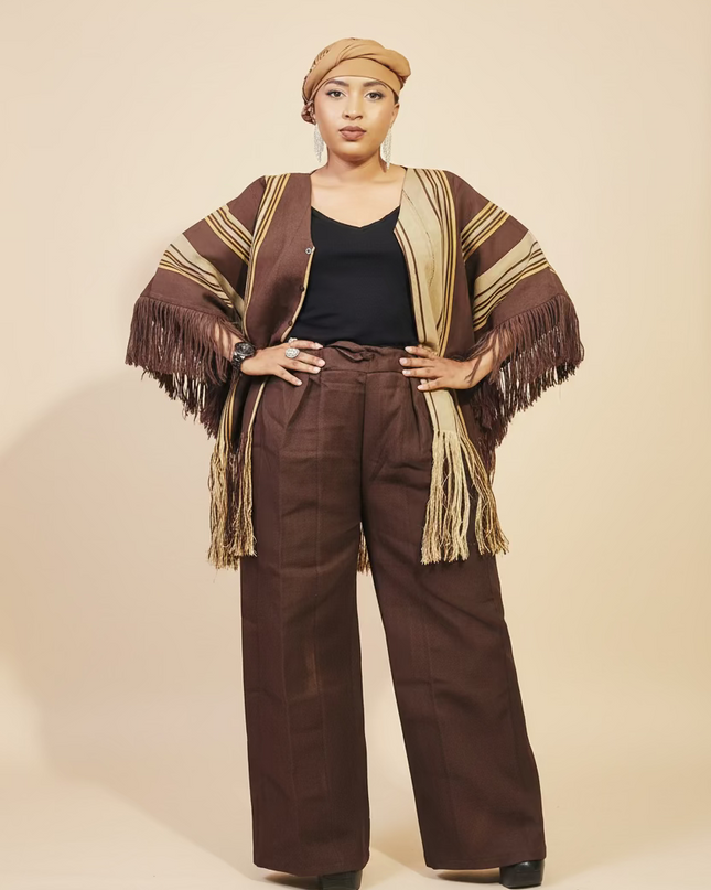 Ensemble pantalon aso oke à fringe - Marron