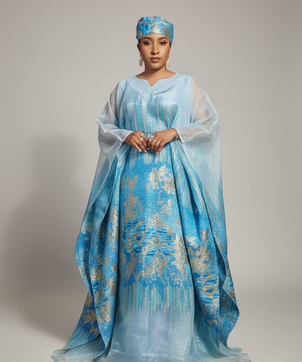 Ensemble amma brocart organza - Bleu