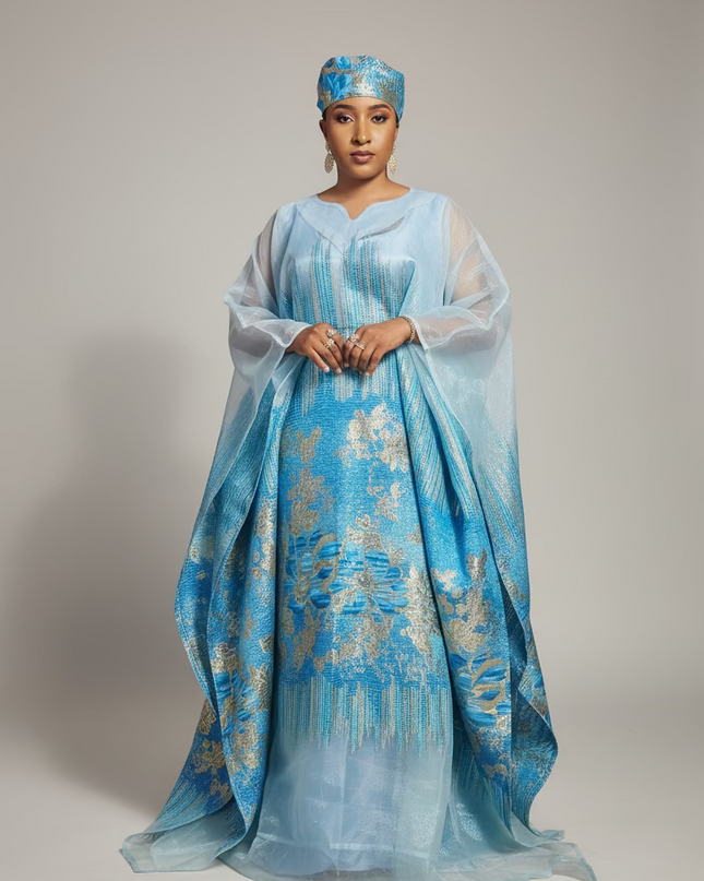 Ensemble amma brocart organza - Bleu