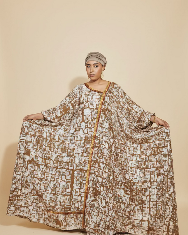Boubou adire crêpe au bandeau - Marron