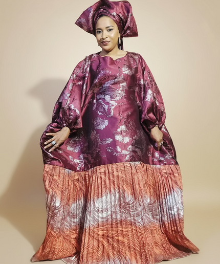 Boubou brocart plissé  - Bordeaux orange