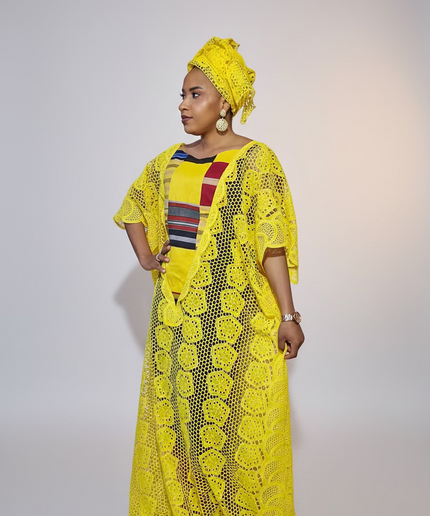 Robe dentelle aso oke - Jaune