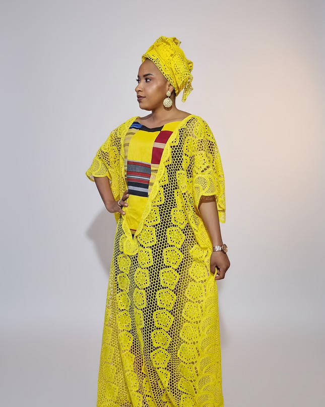 Robe dentelle aso oke - Jaune
