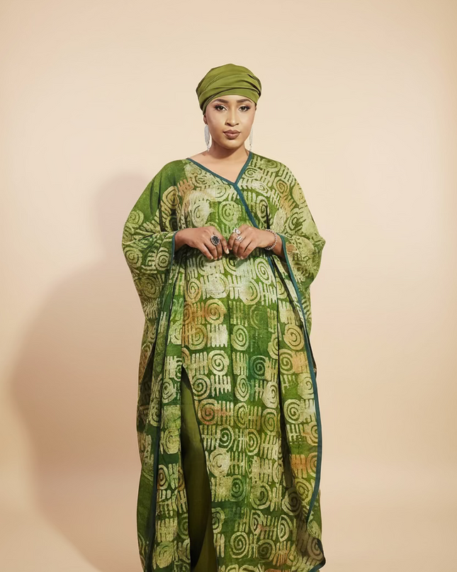 Boubou adire crepe avec jupe - Vert