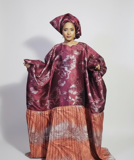 Boubou brocart plissé  - Bordeaux orange