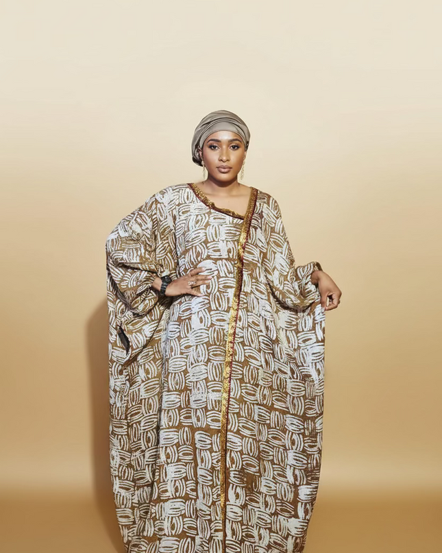 Boubou adire crêpe au bandeau - Marron
