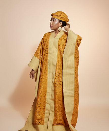 Robe morenike dentelle aso oke - Jaune moutarde II