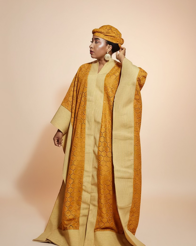 Robe morenike dentelle aso oke - Jaune moutarde II