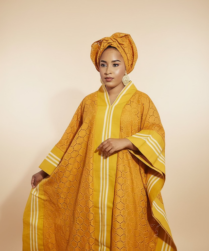 Robe morenike dentelle aso oke - Jaune moutarde