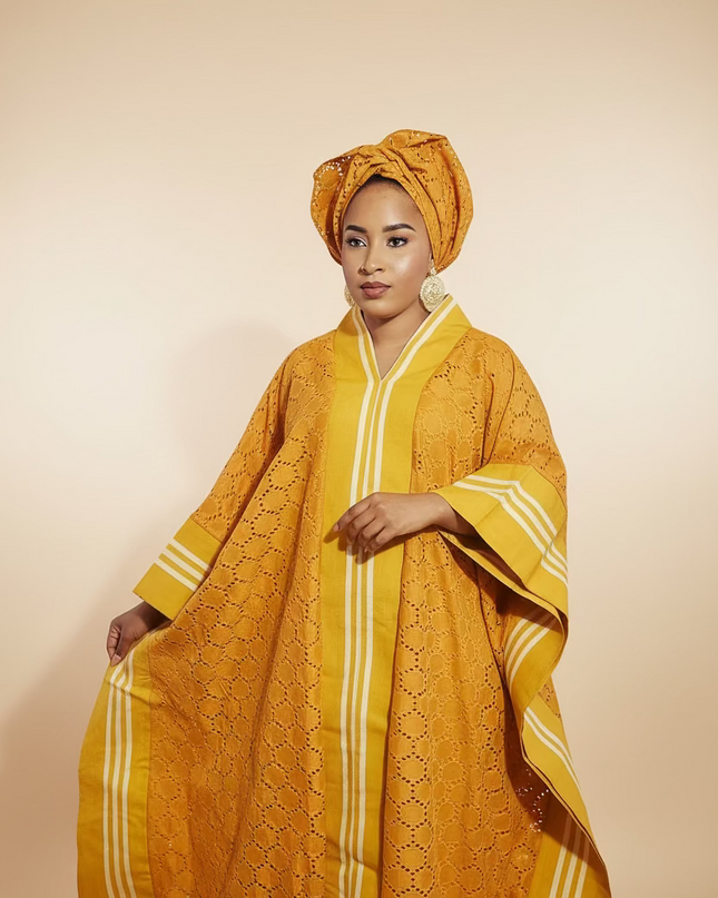 Robe morenike dentelle aso oke - Jaune moutarde