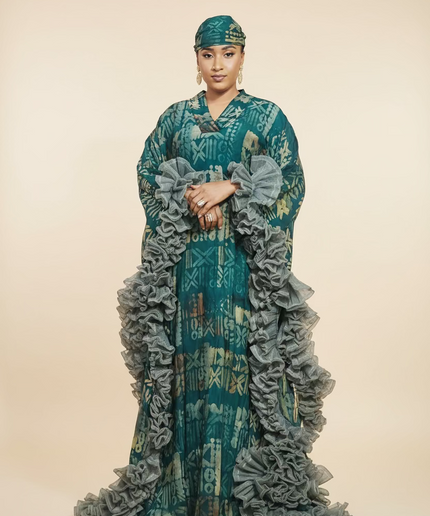 Boubou crepe adire à froufrou - Vert
