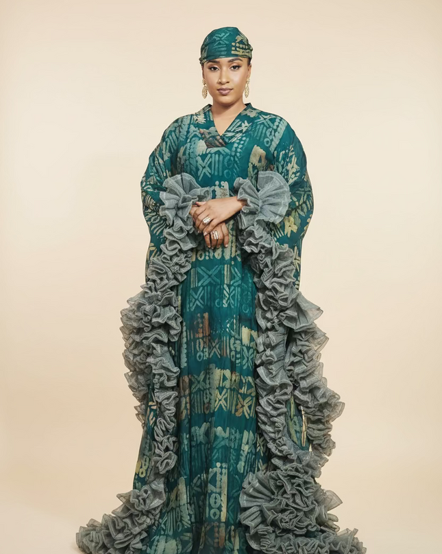 Boubou crepe adire à froufrou - Vert