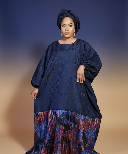 Boubou brocart plissé damask - Bleu nuit