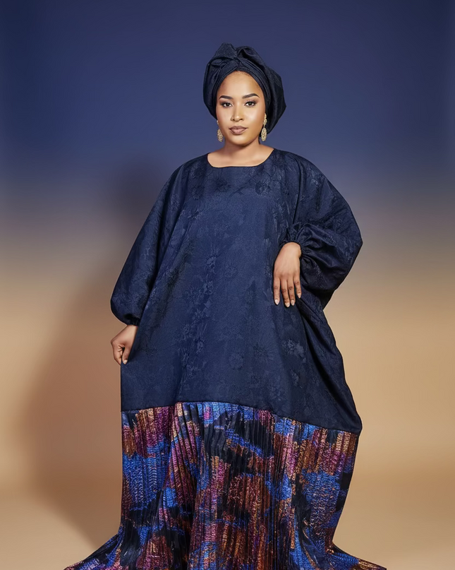 Boubou brocart plissé damask - Bleu nuit