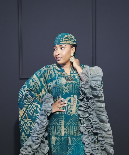 Boubou crepe adire à froufrou - Vert