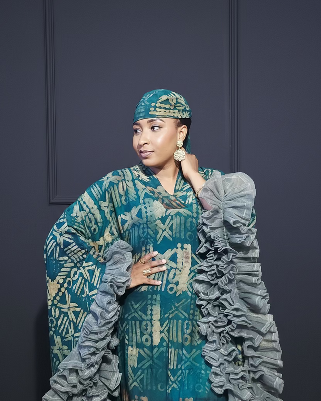 Boubou crepe adire à froufrou - Vert