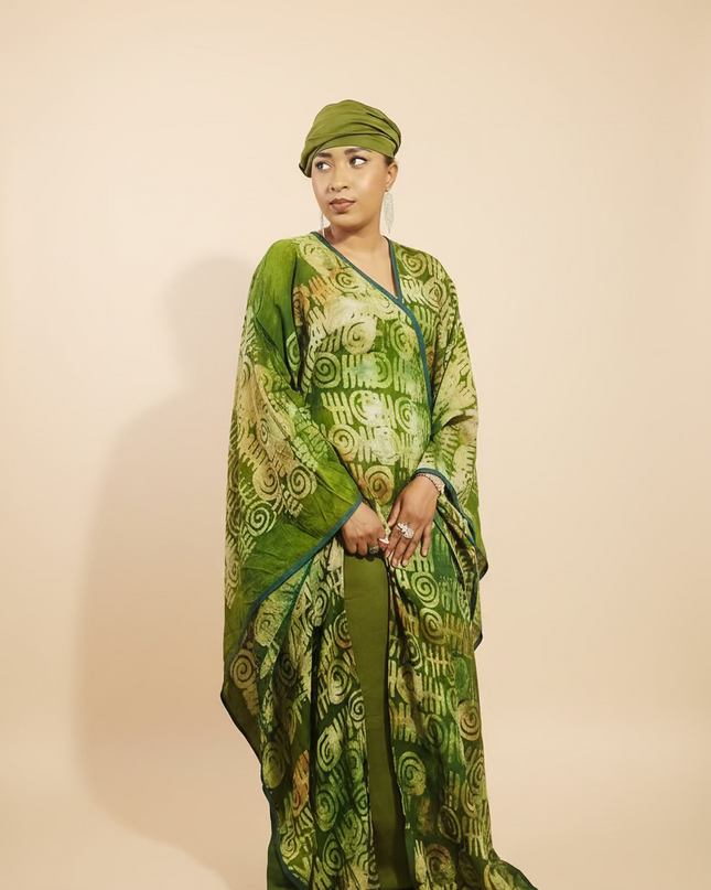 Boubou adire crepe avec jupe - Vert