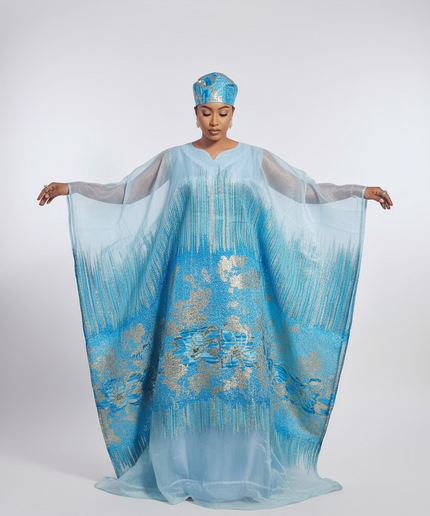 Ensemble amma brocart organza - Bleu