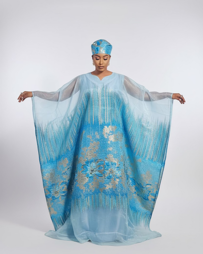 Ensemble amma brocart organza - Bleu